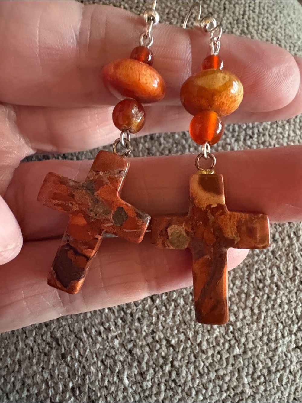 Hand Crafted Carnelian and Jasper Stone Cross Drop Earrings - Picture 2 of 2